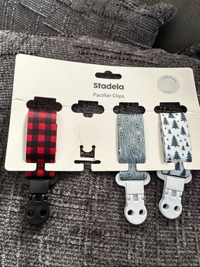 Kids Pacifier Clips - Red Buffalo Plaid, Gray Woodgrain, White Tree Print